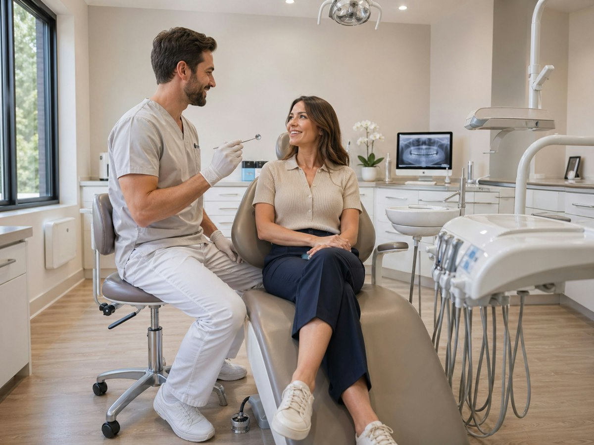 Dentiste discutant avec un patient dans un cabinet moderne